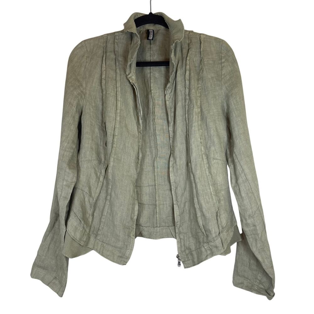 Onz Inizio 100% Linen Jacket Womens Small Green Lightweight Full Zip Lagenlook
